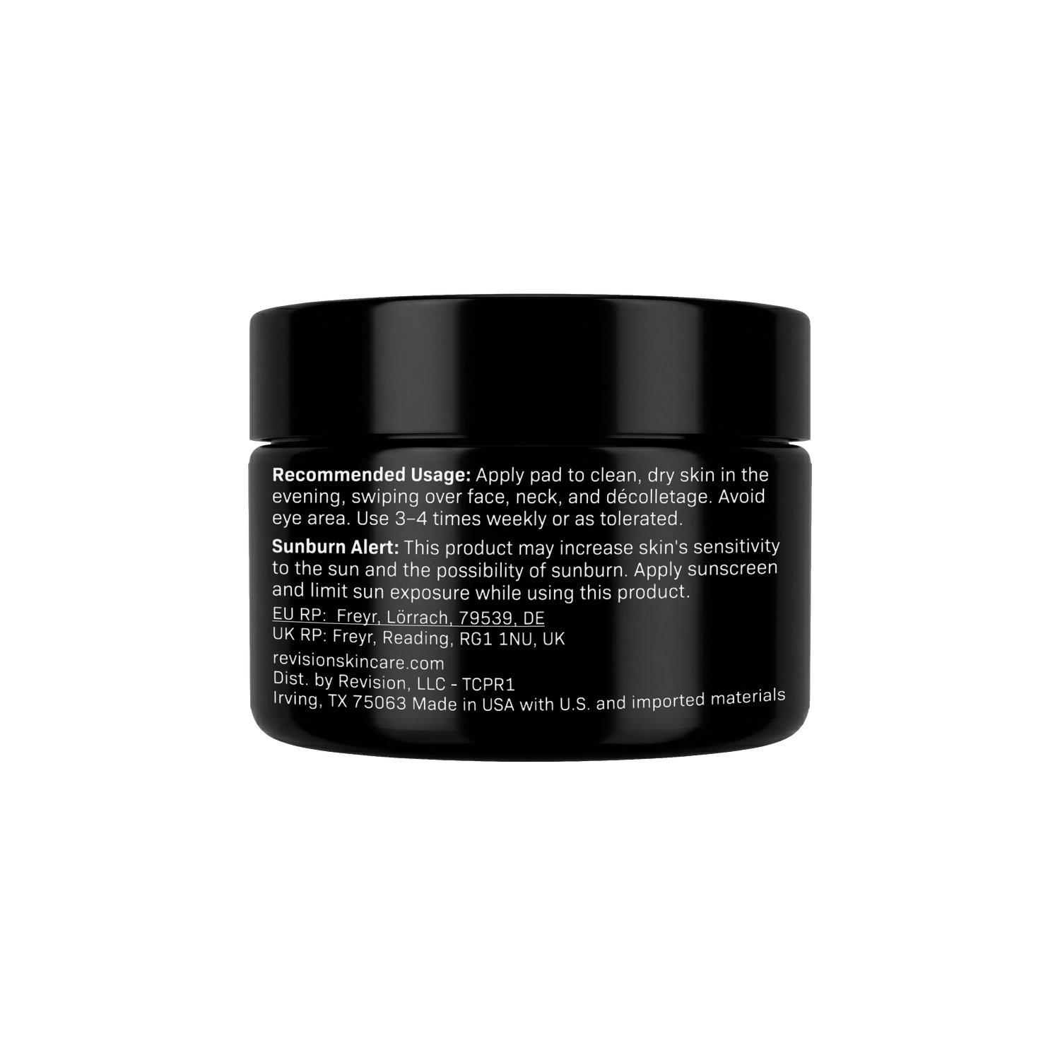 Tone+ Correcting Pads jar back showing usage directions and sunburn alert