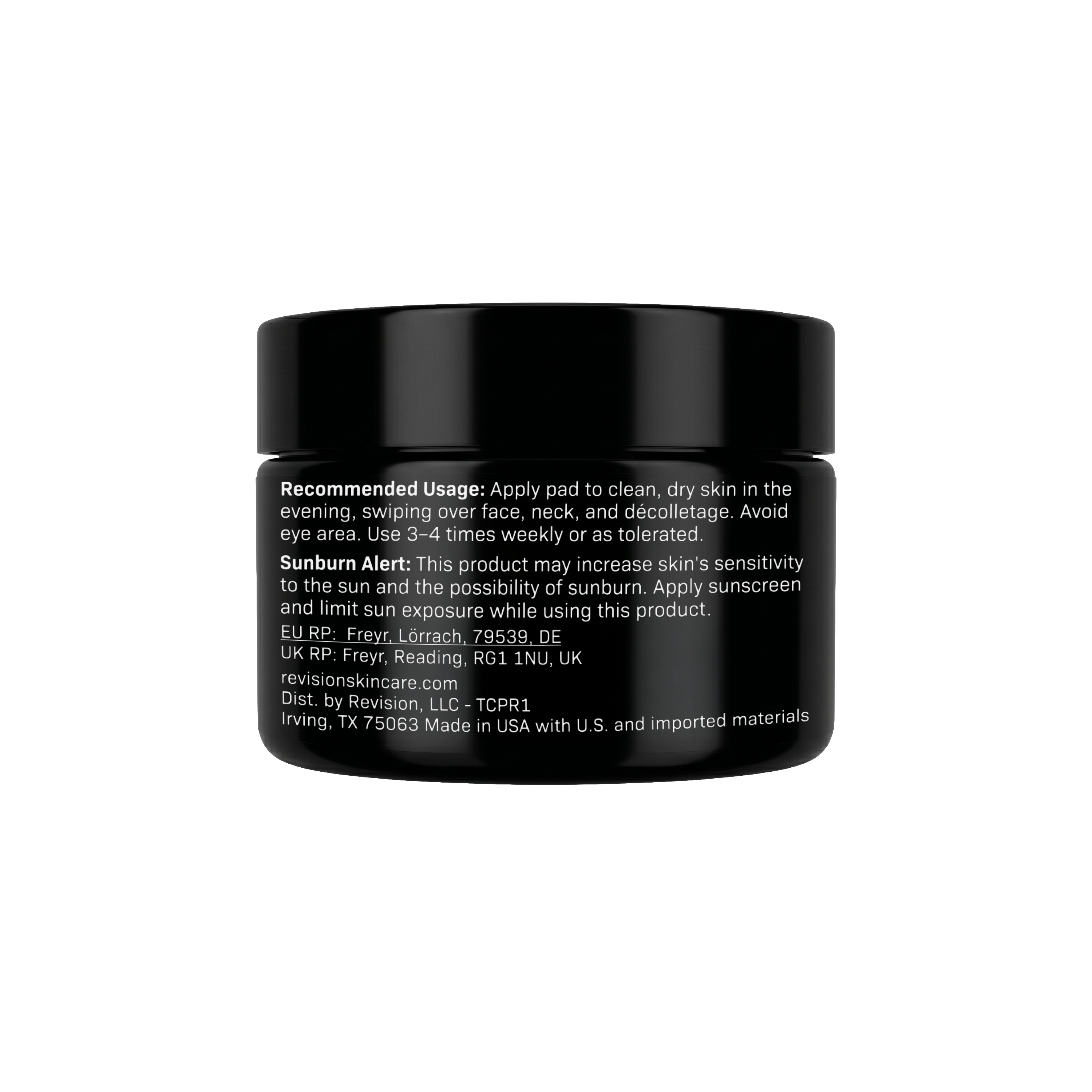 Tone+ Correcting Pads jar back showing usage directions and sunburn alert